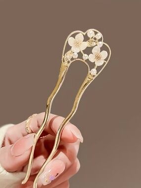 Gold Floral Hair Fork with White Pearl Accents - Women Accessories